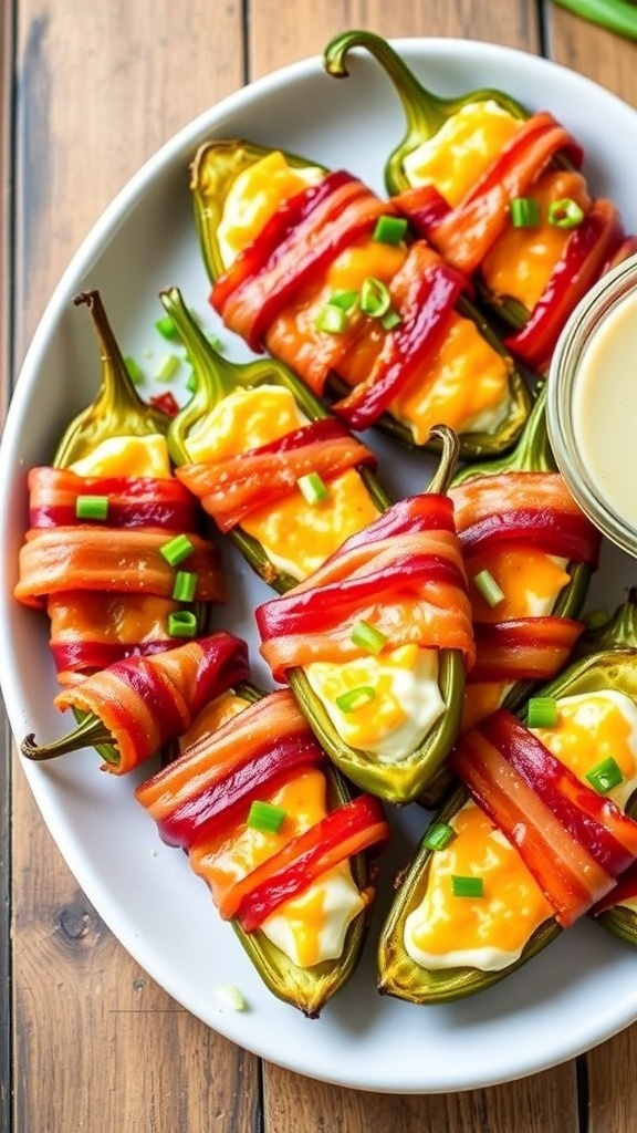 Crispy bacon-wrapped jalapeños stuffed with cream cheese on a plate, garnished with green onions.